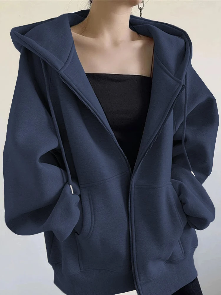 

plus Size Fleece Lined Thickened Hooded Women's Open Cardigan Sweater Trendy Lazy Style Color Zipper Top for Winter