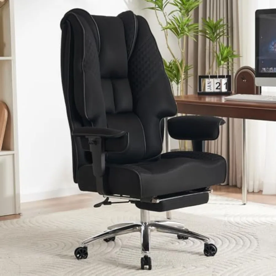 Big and Tall Office Chair for executive use, premium leather, black, 400lbs capacity, wide seat, high back, footrest, ergonomic