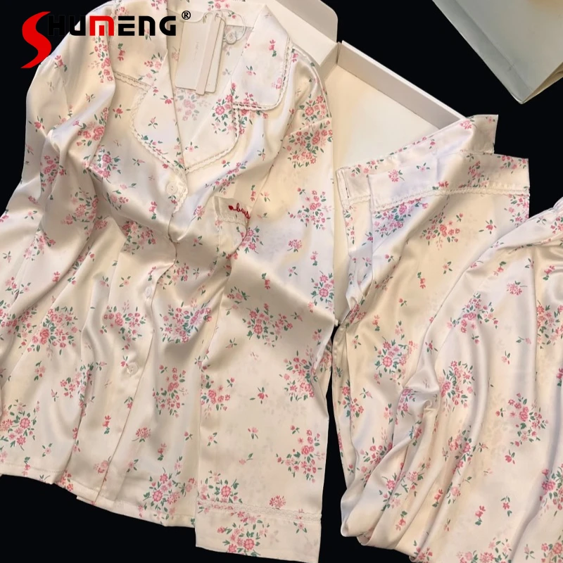 

Long Sleeve Homewear Two Piece Set for Women French Sweet Luxury Ice Silk Pajamas Female Spring Autumn High End Floral Underwear