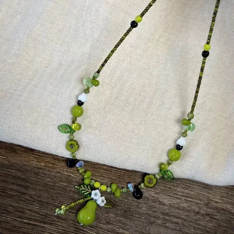 Green Bead Natural Plant Series Green Pear Hand Chain Small Scale Retro Czech Bead Women s Necklace Jewelry Item