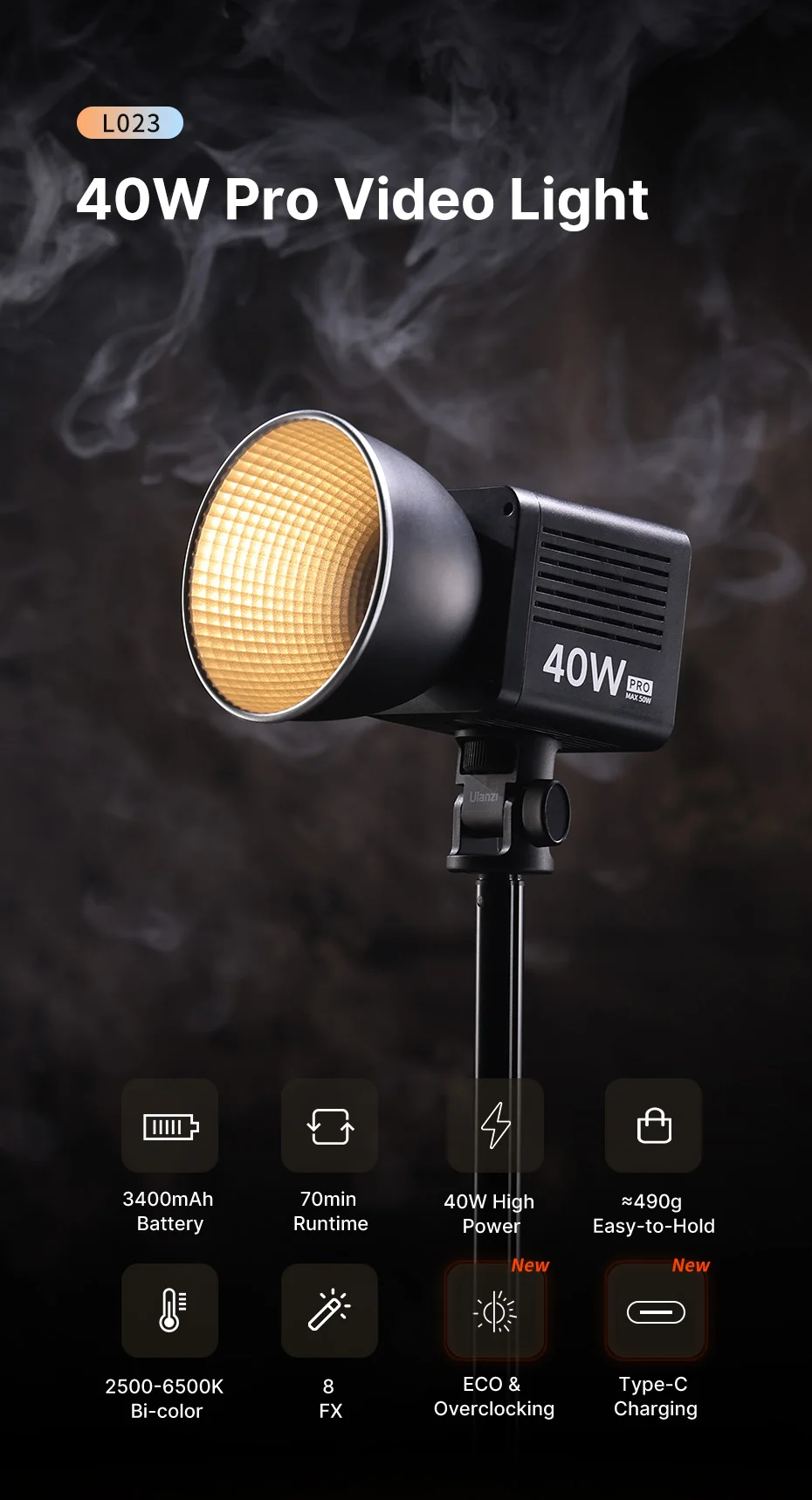 Ulanzi L023 40W Pro Videoleuchte Mini Bowens Mount COB Licht Bi-Color 2500-6500K 3400mAh Videoleuchte für Fotografie – Detail 1