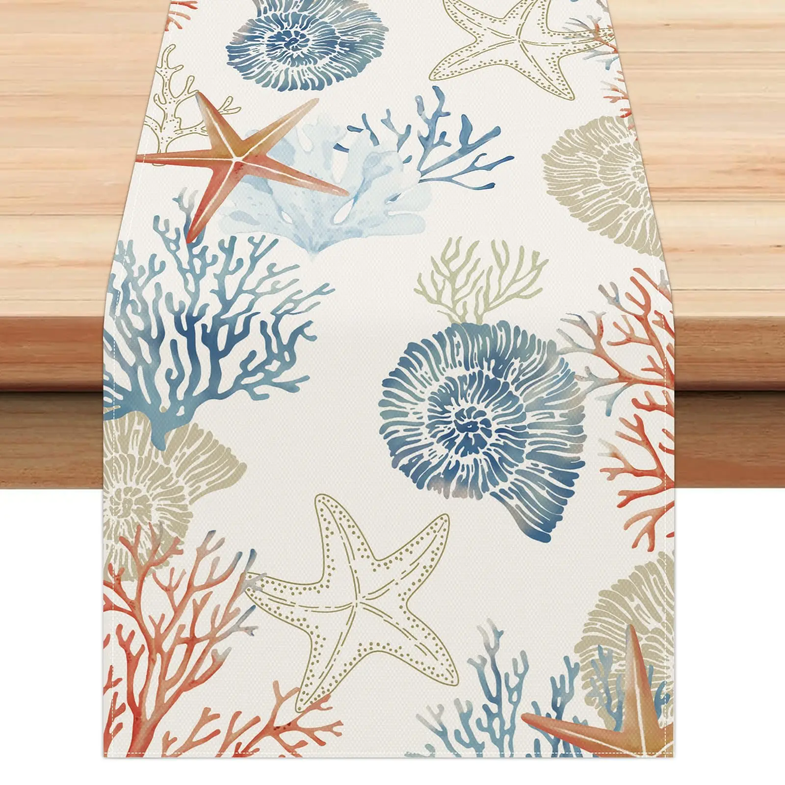 

Nautical Coastal Table Runner Ocean Themed Starfish Coral Conch Beach Kitchen Dinning Table for Indoor Outdoor Home Party Decor
