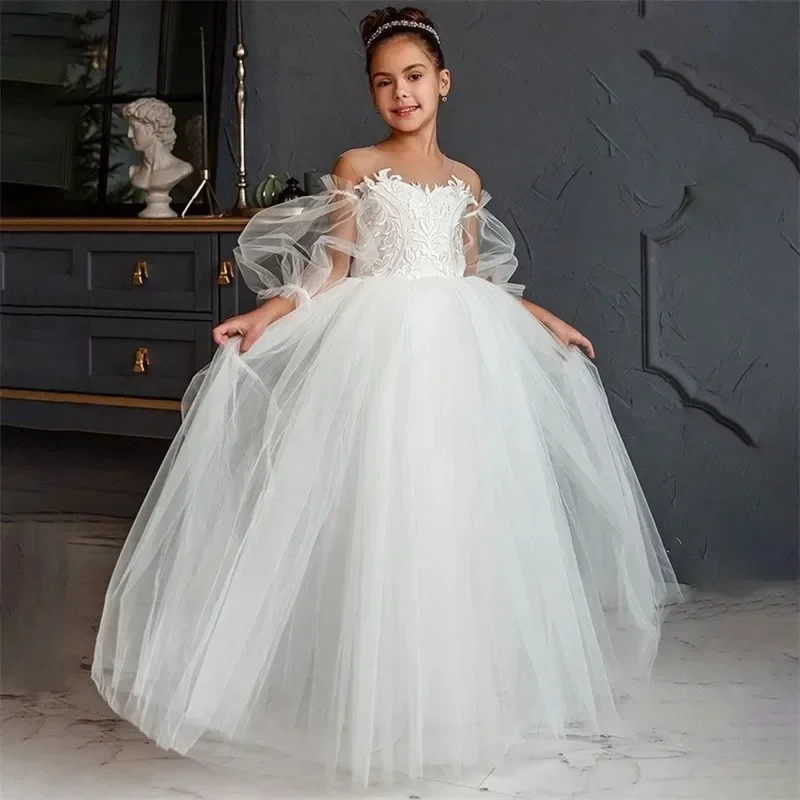 Communion Gowns Custom White Flowers Girl Dress for Wedding Tulle Long Sleeve Appliques Floor Lenght Kids Birthday Party First