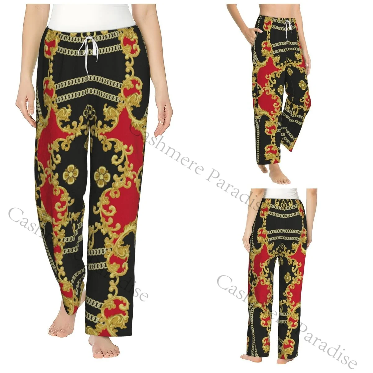 

Red Golden Baroque Flannel Pajama Pants for Women Soft Warm Sleep Pants with Elastic Waistband