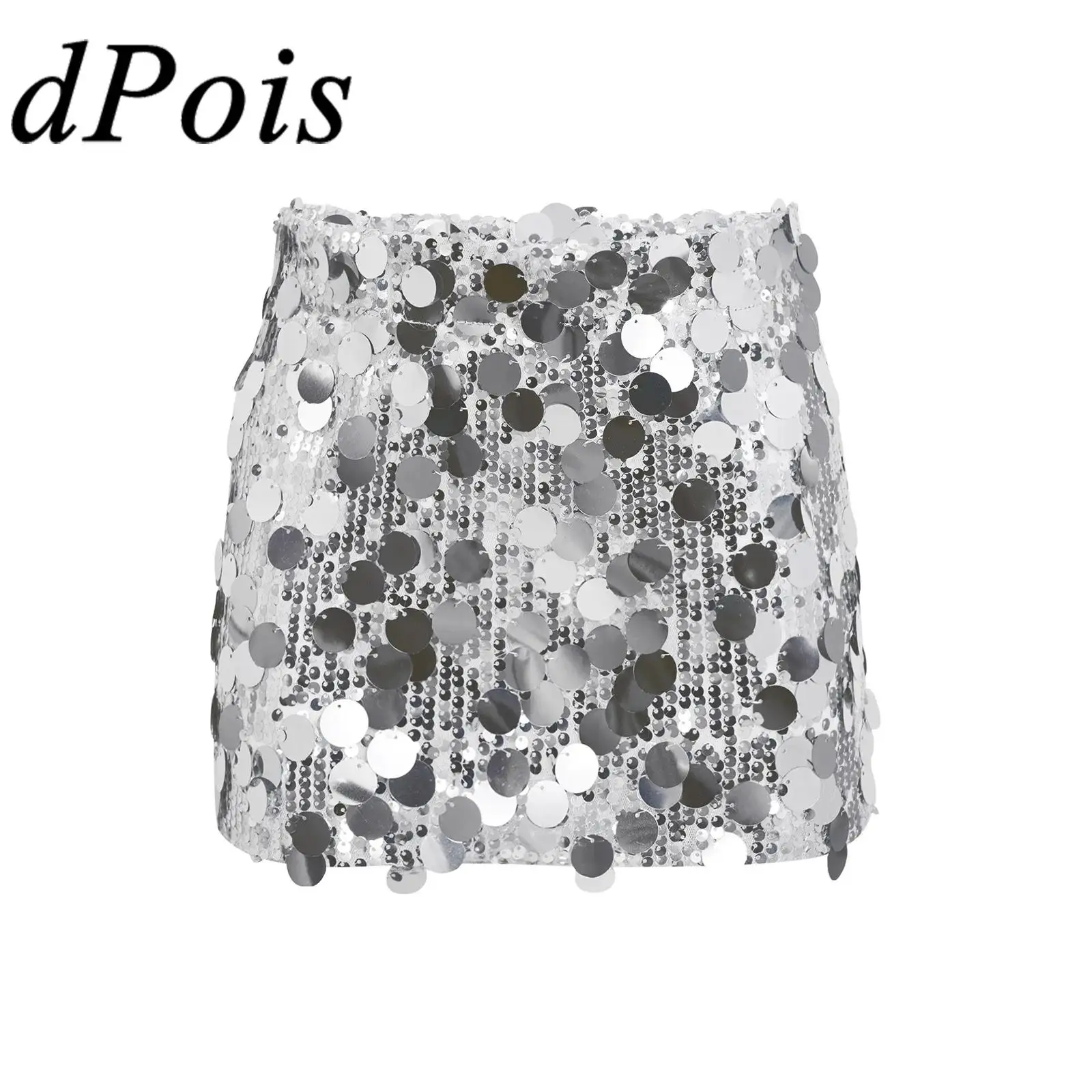 Kids Girls Glitter Sequins Miniskirt with Safety Shorts Stage Dance Skirt for Jazz Dancing Streetwear Performance Costumes