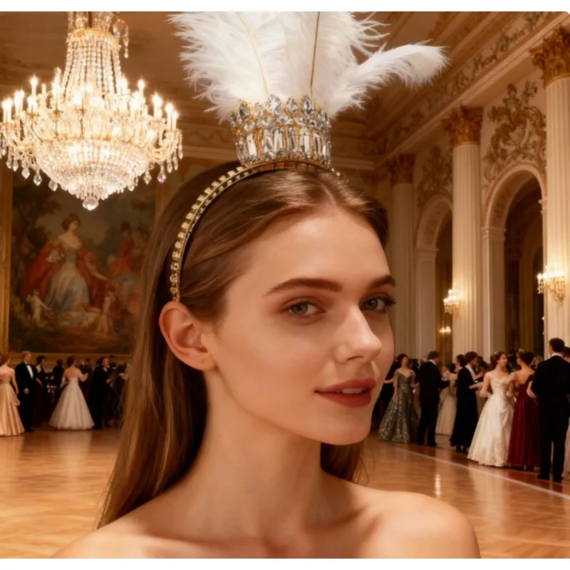 Queen Feather Crown Headband with Rhinestones, Luxury Masquerade Ball Headpiece, Long Plume Carnival Headwear for Women