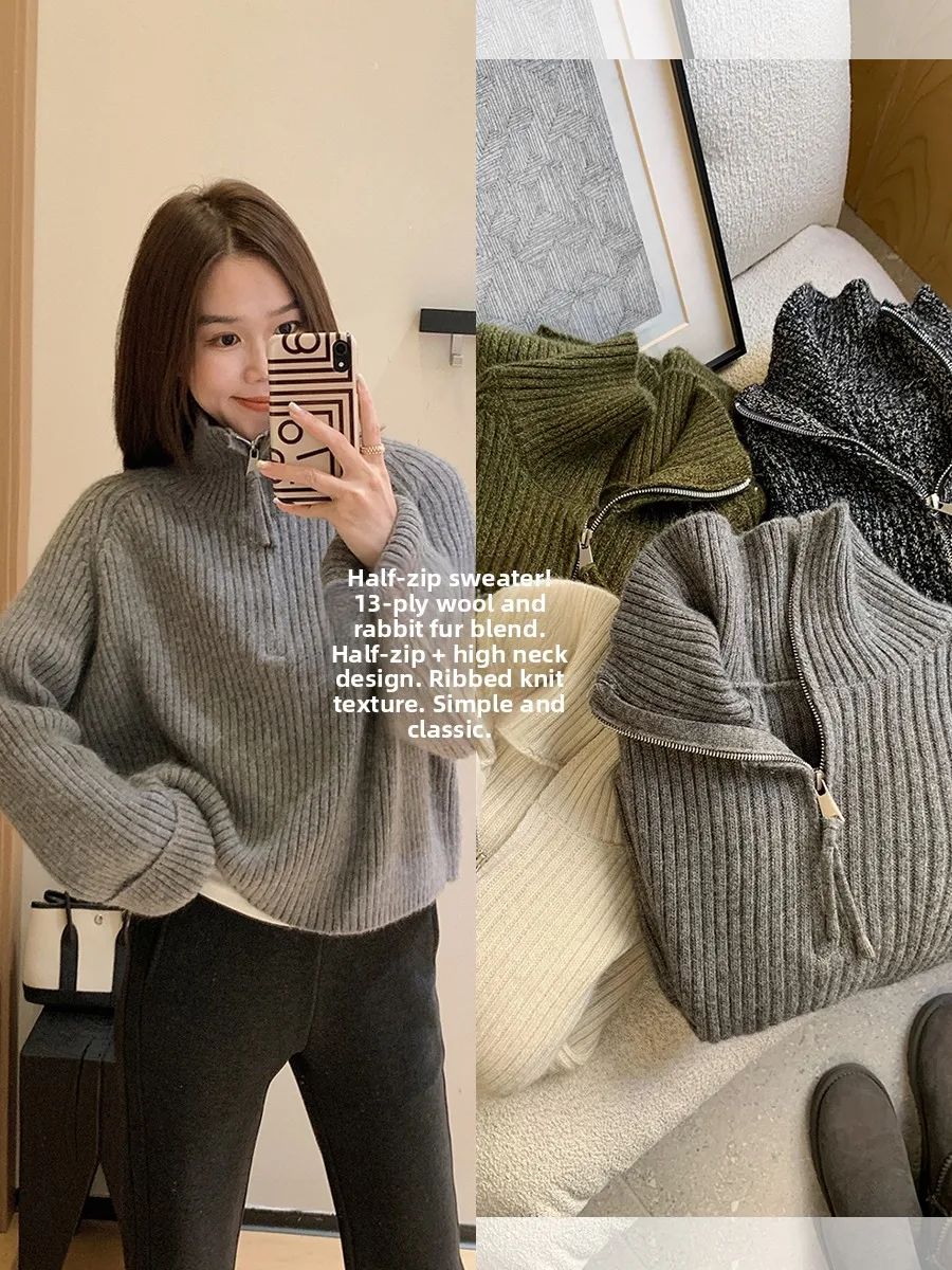 

Women's Knitted f-Zip Sweater High Collar Thiened Long Sve Casual Sle Rabbit Fur Mixed Wool Casual Knitwear