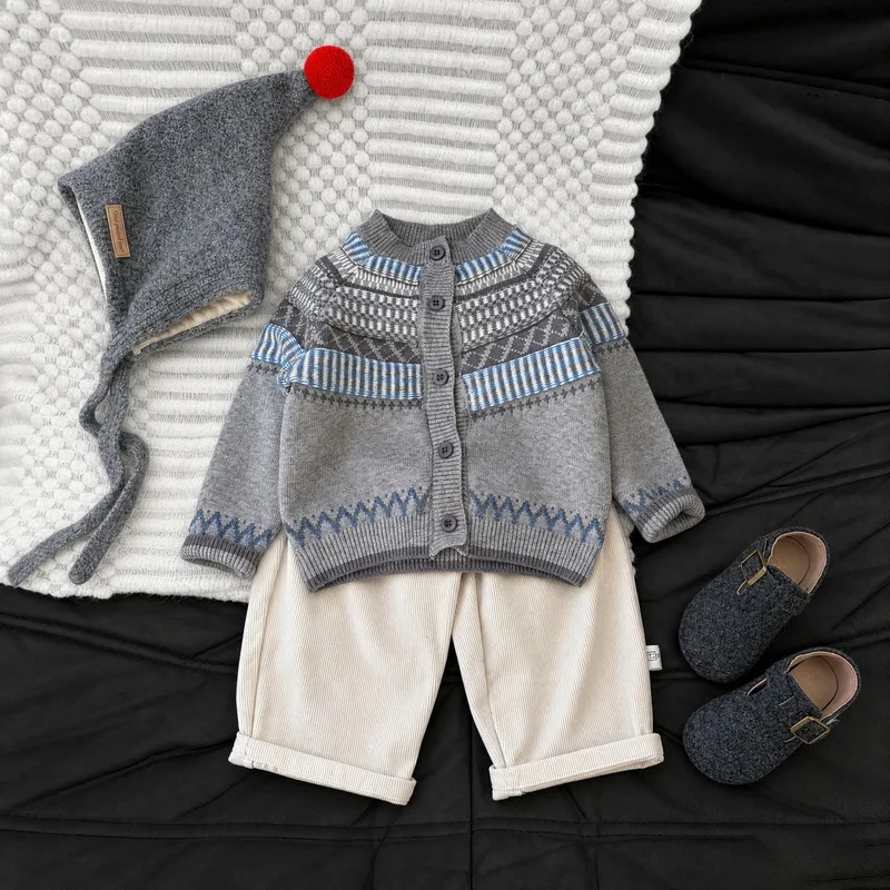 Girls Boys Knit Cardigan Sweater 2026 Autumn Winter New Fair Isle Knit Coat Toddler Baby Kids Outerwear Fashion Clothing