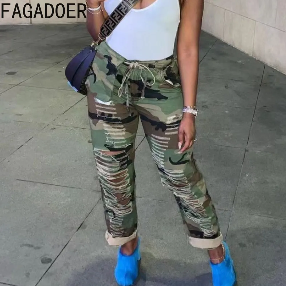 FAGADOER Spring New Camouflage Printing Hole Pants Women High Waisted Lace Up Pocket Jogger Trousers Casual Female Sport Bottoms