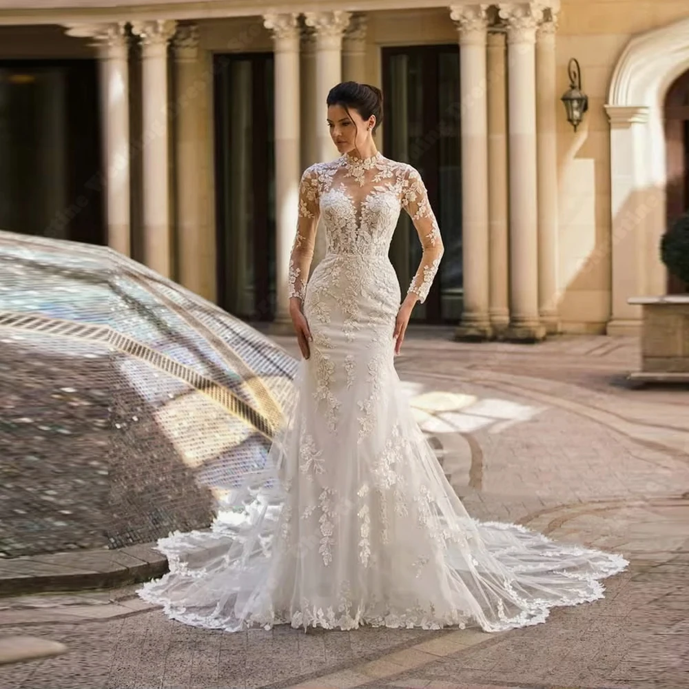 فساتين زفاف أنيقة بأكمام طويلة للنساء فساتين زفاف مثيرة من الدانتيل مطبوعة بحورية البحر بطول التطهير فيستدو دي نوفيا مخصصة
