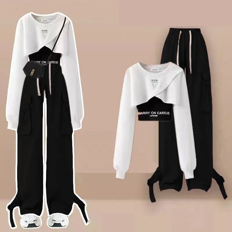 Women Spring New Fashion Loose Short Hoodie+Letter Sling+Cargo Pants 3-Piece Suit Korean Elegant Casual Sportswear Matching Set