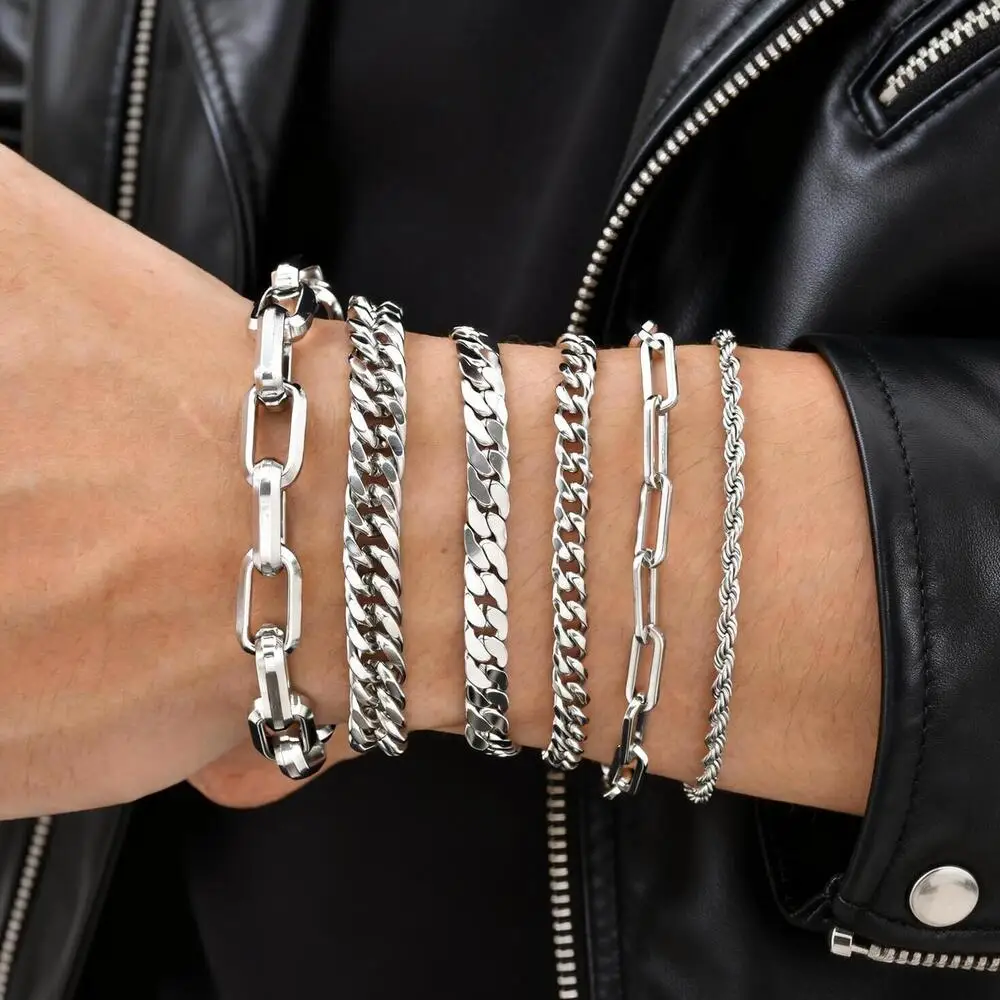 Punk Silver Color Men's Chain Bracelets,Hip Hop Stainless Steel Braided Link Wristband,Classic Metal Jewelry Gift for Him Dad