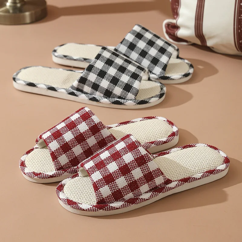 Women Four Season lattice Linen Slippers Lightweight Home Shoes Casual Antislip Soft Indoor Fabric Slippers for Unisex Lovers