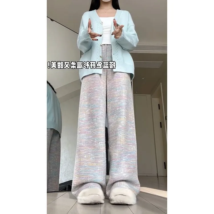 بنطال ذو قصة أرجل واسعة أداء المرأة الخريف فحص مطوي سيدة أنيقة محبوك تنقش عمودي العطاء مكتب مريح عصري