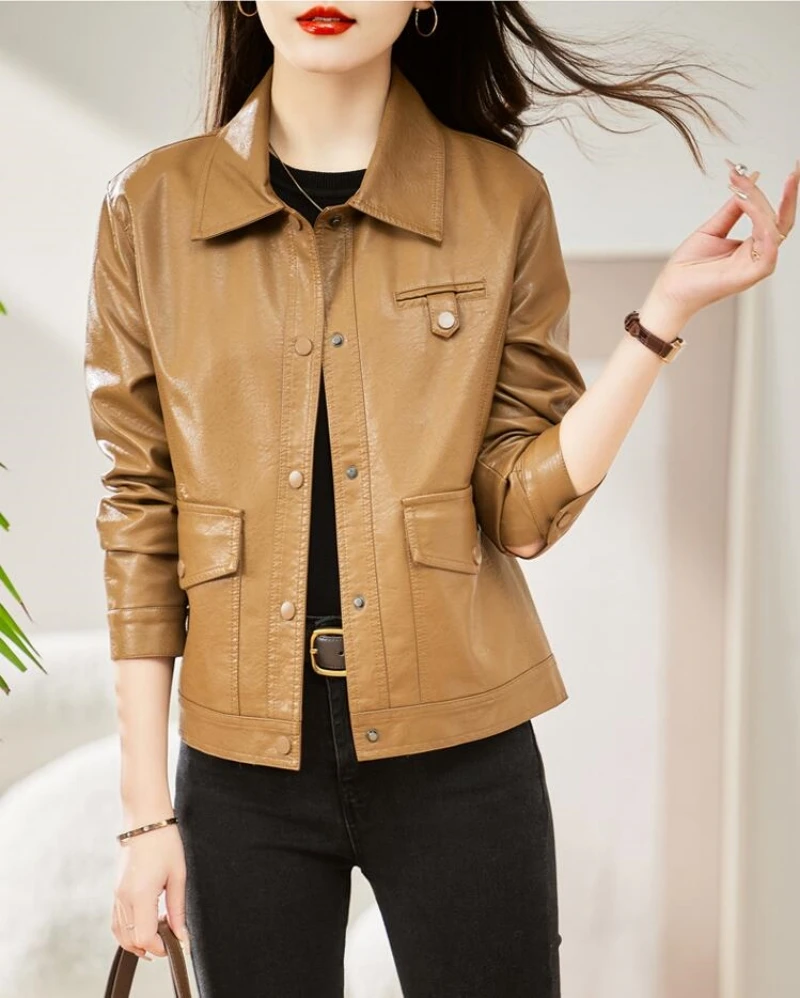 New Women Genuine Leather Jacket Autumn Winter Fashion Moto&Biker Style Outerwear Turn-down Collar Short Sheepskin Coat