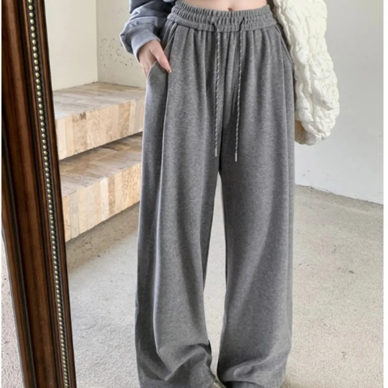 

Gray Drawstring Drape Wide Leg Casual Pants Women clothes Autumn and Winter Idle Sle High Waist Slimming Straight Pants Z14