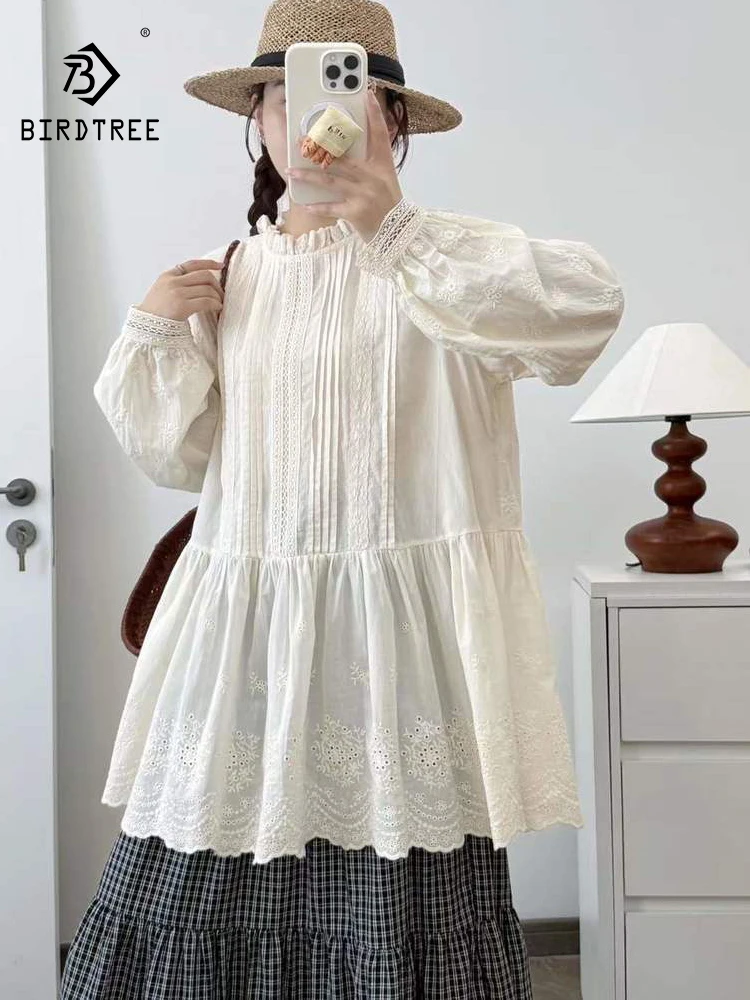 

New 2026 Spring Cotton Long Sleeve Shirt, Women Stand Lace Folds Patchwork, Mori Girl Preppy Style Casual Loose Blouse T61449CC