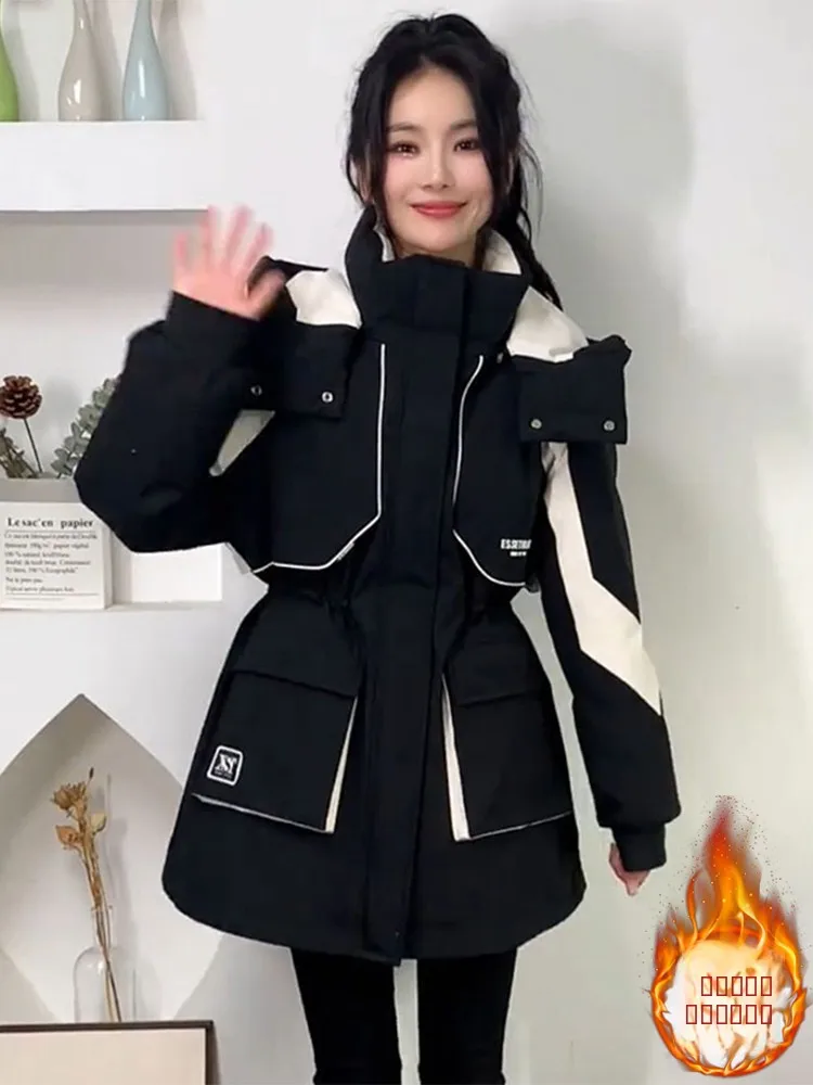 

Color Blo down Jaet Women's Winter Loose Waistcoat Parka Thiened Cotton Workwear Zipper Closure Long Sve Hooded Coat