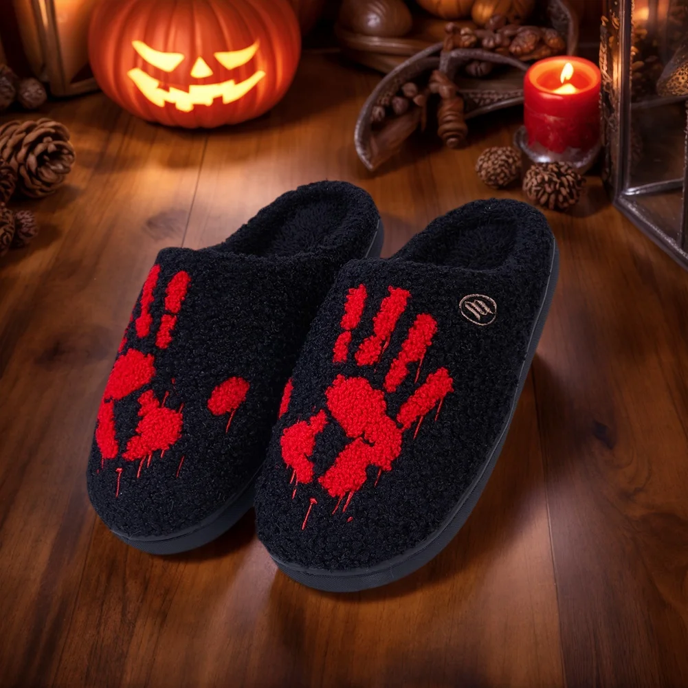 Halloween Flat Thermal Slippers Funny Warm Slip-on House Shoes Autumn Winter Non-Slip Fluffy Home Slippers for Men Women
