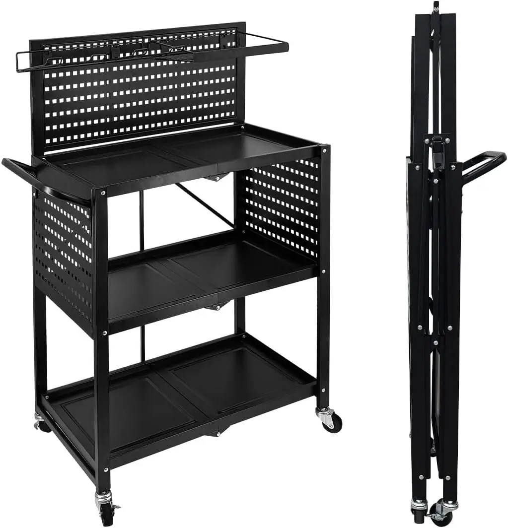 

3-Tier Foldable Rolling Tool Cart Utility Cart Pegboard Organizer with Power Tool Storage Garage Shelves