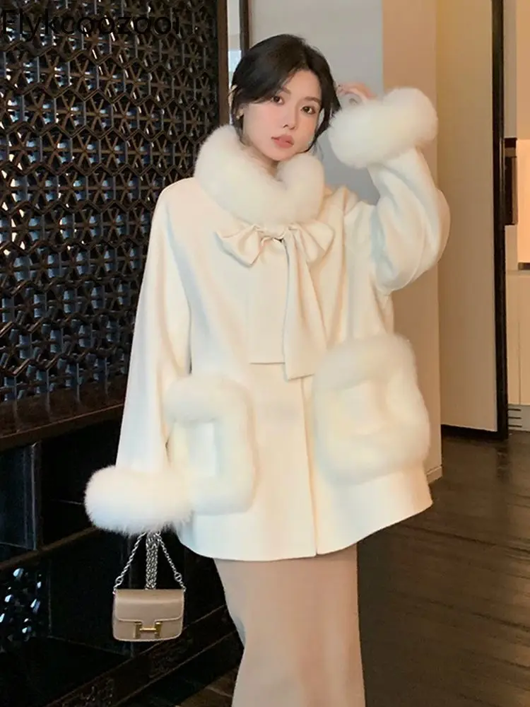 Bow 2024 Winter Fluffy Coat New Imitation Fox Fur Collar Fur Cloak Woolen Coat for Women Loose Fit Jackets Winter 2024