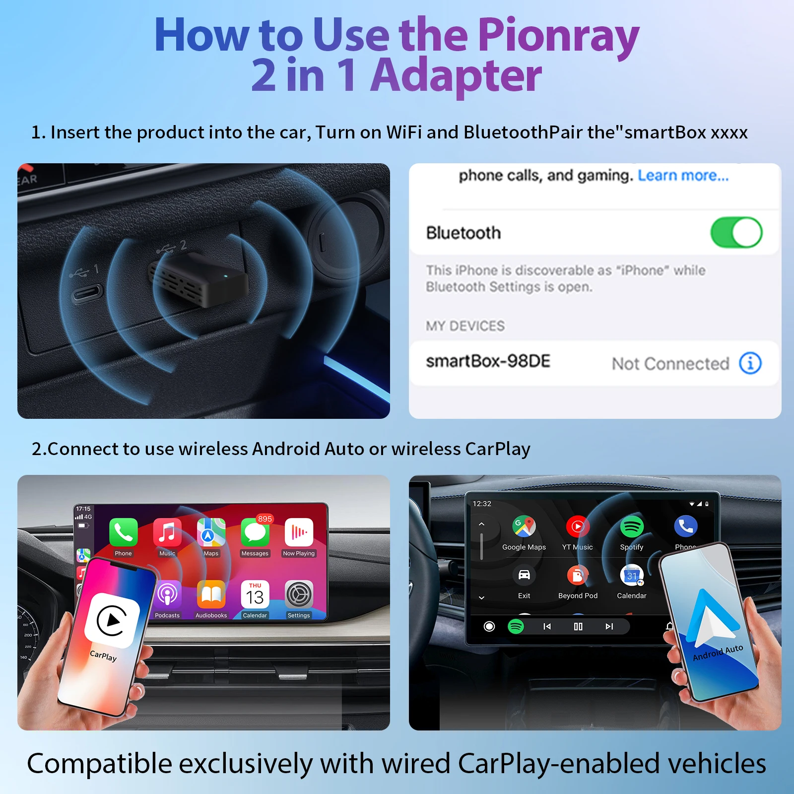 Pionray 2in1 Wireless CarPlay Adapter Car Intelligent Systems