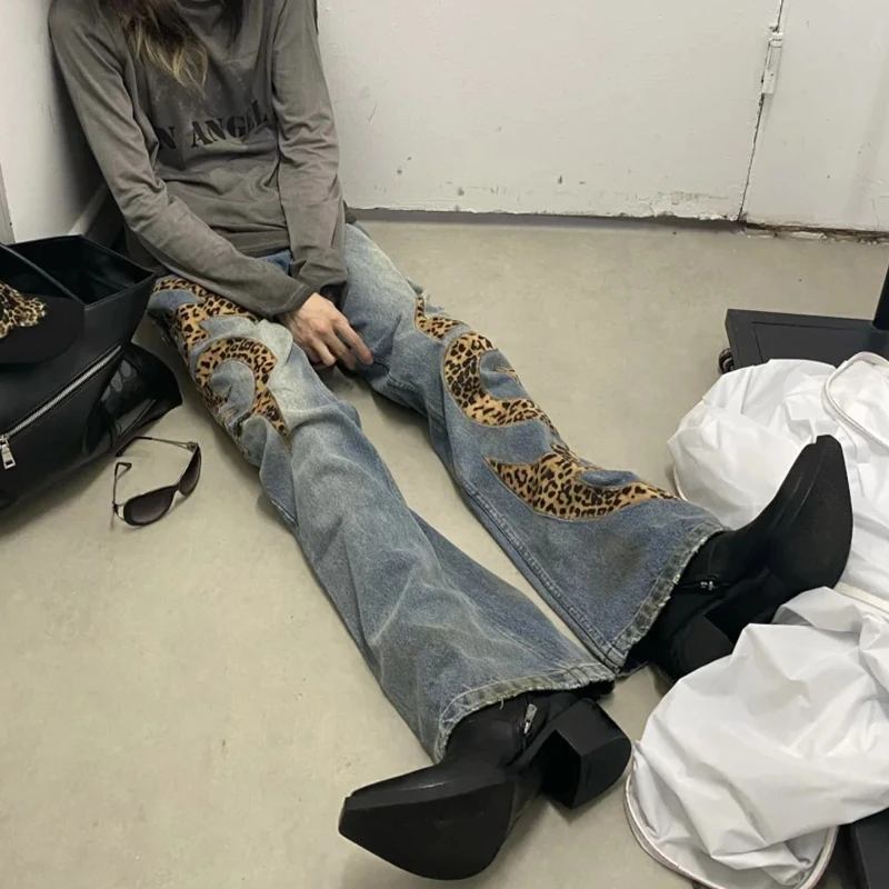 American Vintage Leopard Full Length Straight Jeans Distressed Leopard Patchwork Women Streetwear Y2k Retro Denim Pants Bodycon