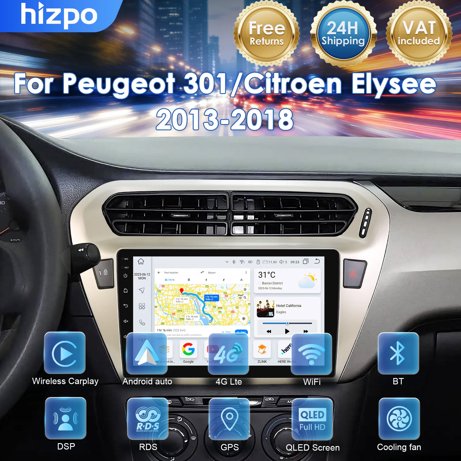 Sistemi Auto Intelligenti Android Auto Hizpo per Peugeot 301 2013-2018 Citroen Elysee, GPS Multimediale, Stereo, Carplay Wireless, Autoradio con Schermo Touch