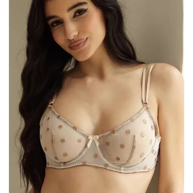 Französisches Retro-Dessous-Set, gepunktete Spitze, ultradünner, transparenter BH, Tanga, große Büste, Mini-Push-Up, sexy MOYISU-BH-Set, Höschen, tushy AB