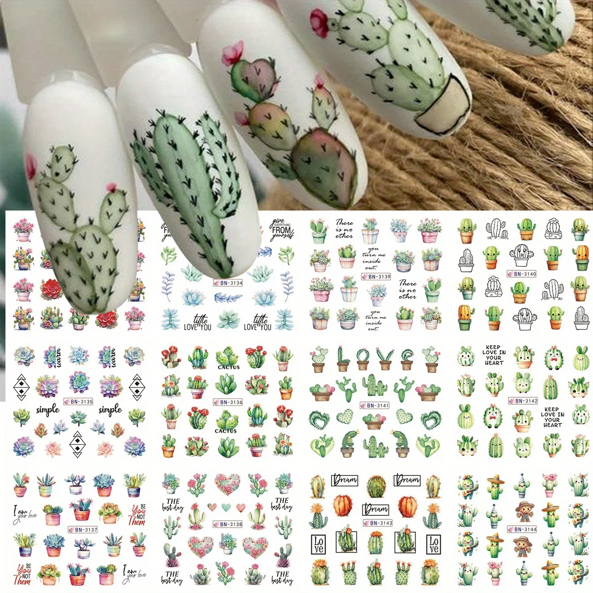 12-Design grüner Kaktus Nail Art Wasseraufkleber Aufkleber für Nail Art Dekoration Pflanze Frühling süße Kaktusblätter Design Maniküre Tipps