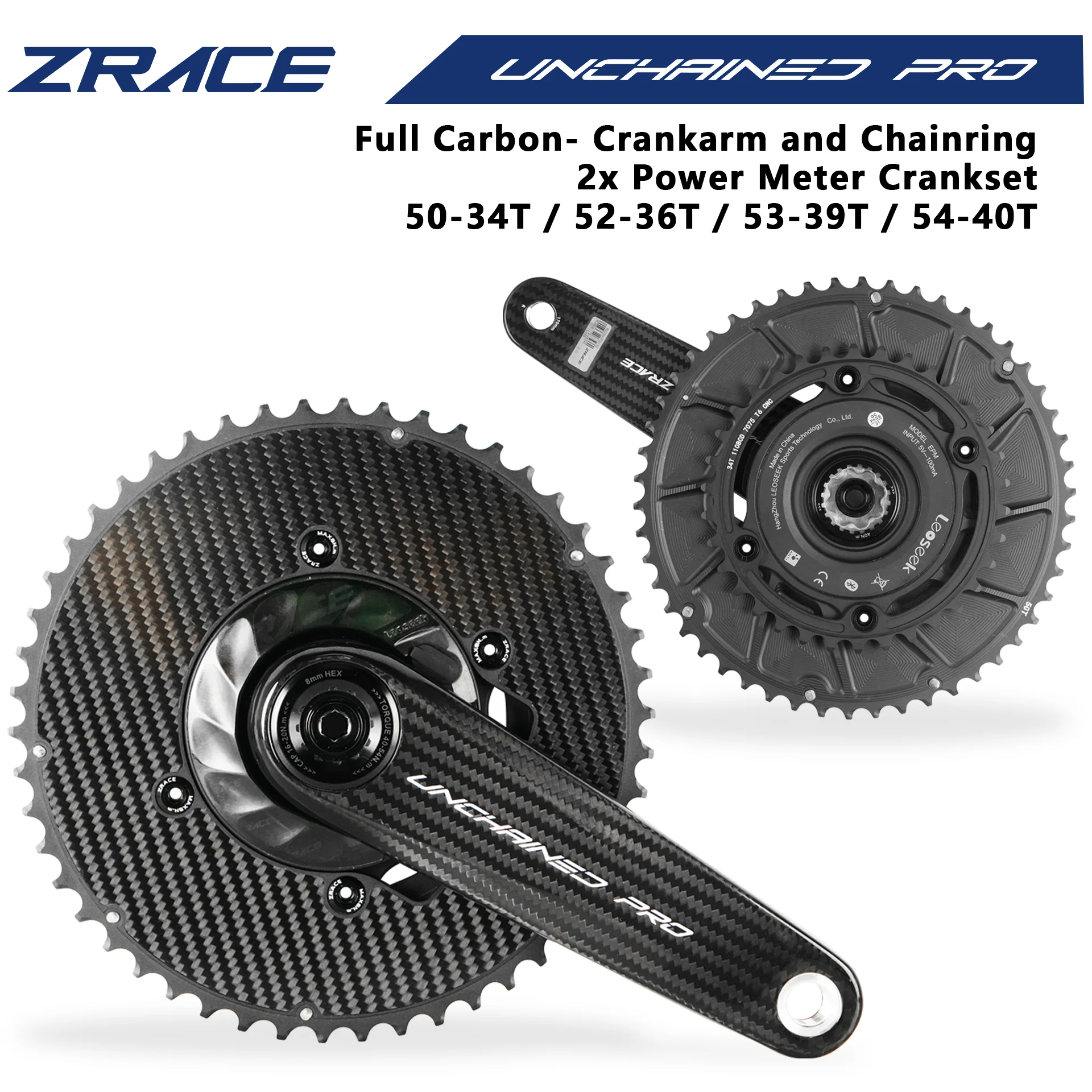 ZRACE UNCHAINED PRO Power Meter Crankset, Super Light, Carbon Fiber, Race Grade, Road Crankset, DUB, 165 / 170, Hollow Keel