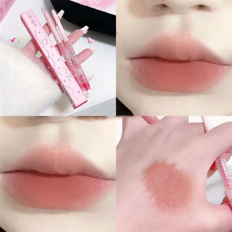 Matita per labbra opaca a doppia testa Penna per rossetto a lunga durata Tazza antiaderente Matita per labbra in velluto impermeabile con pennello Cosmetici per il trucco