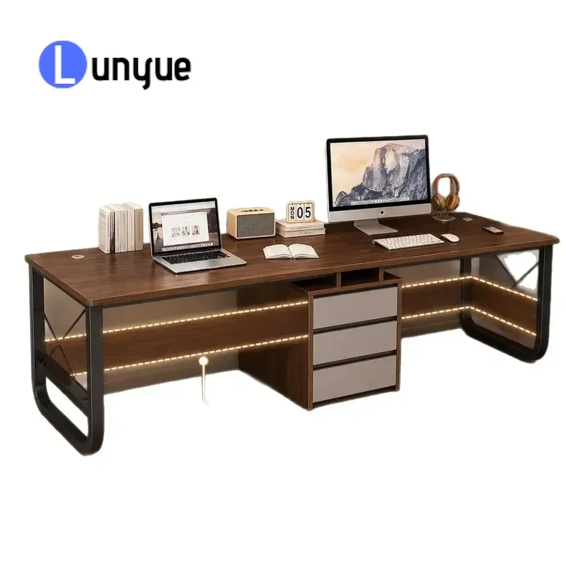 Double Person Desk with Storage Splicing Design Rubberwood Wood Construction for Bedroom Office Studying Writing