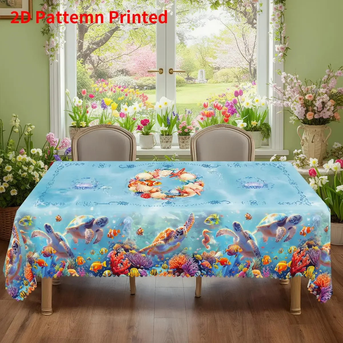 2D flat printing, 1pc tablecloth with marine world theme, durable polyester tablecloth, yzb