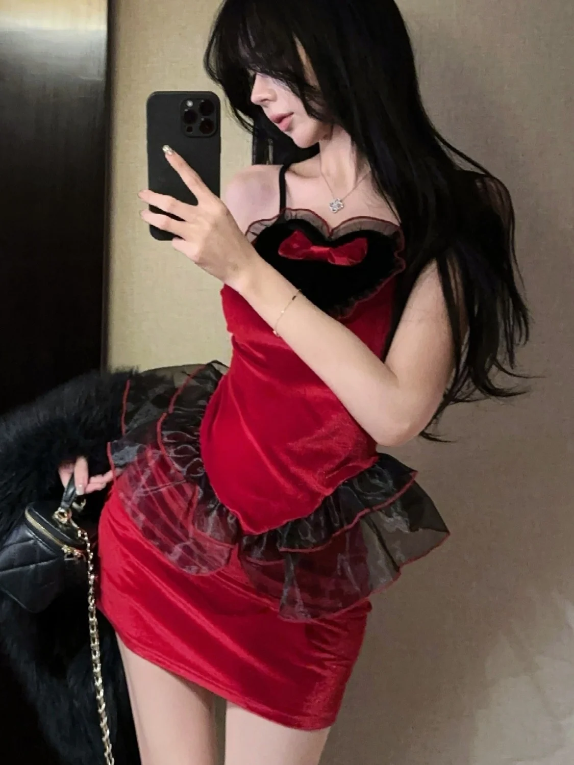 

Velvet ter Ne Dr Women's Sexy Bodycon Skirt Red Strapl Gown High Waist Spring Autumn Winter Faion Ciwalk
