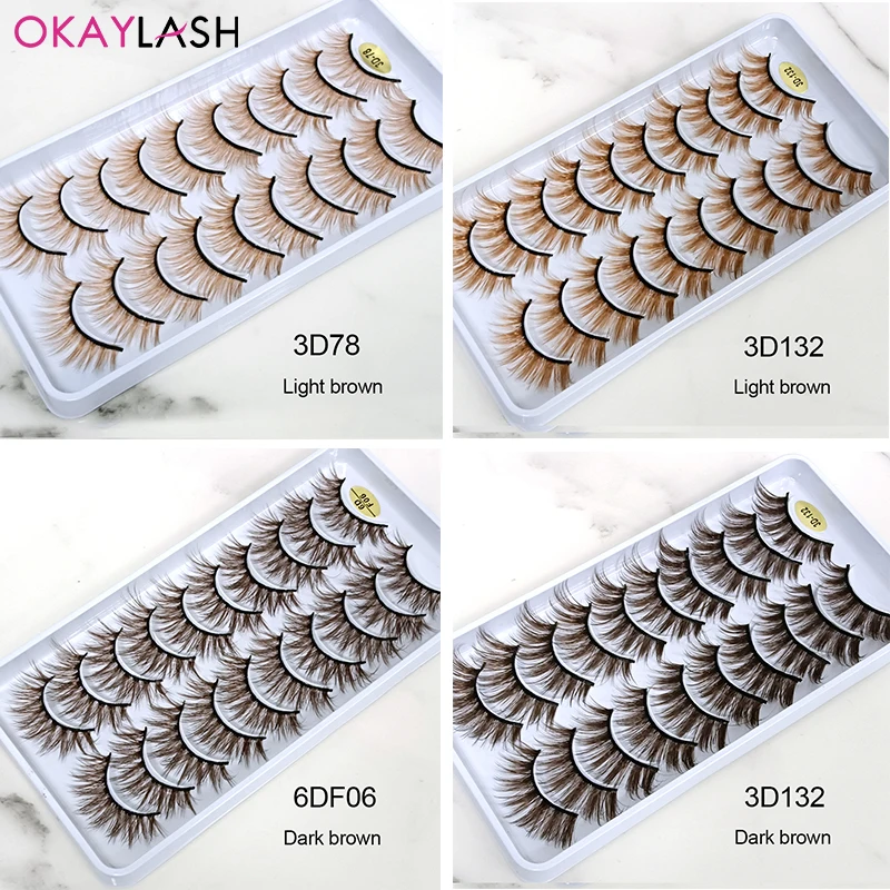 OKAYLASH pestañas postizas rubias 10 par/caja pestañas postizas de color marrón oscuro claro pestañas esponjosas 3D