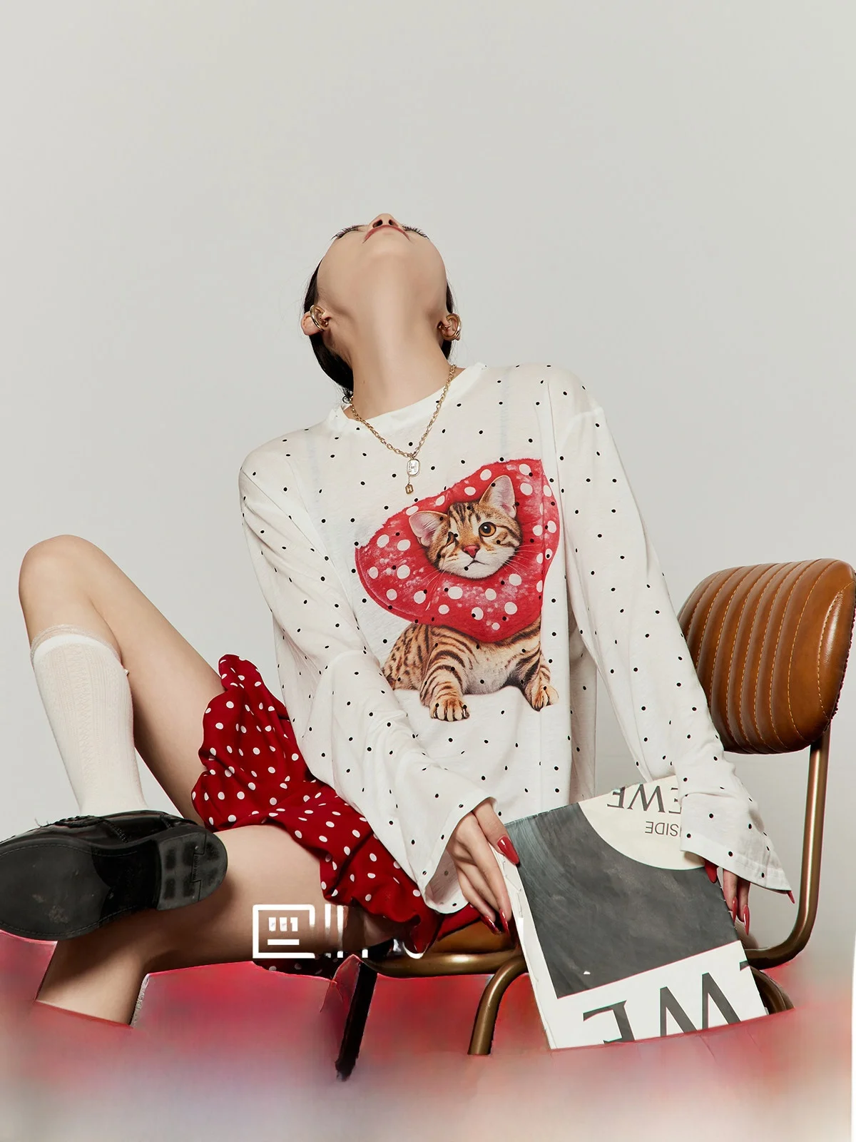 

Retro Polka Dot Print T-Shirt Women's Loose Long Sleeve Fashionable Top Vintage Style round Neck Pullover Spring Summer