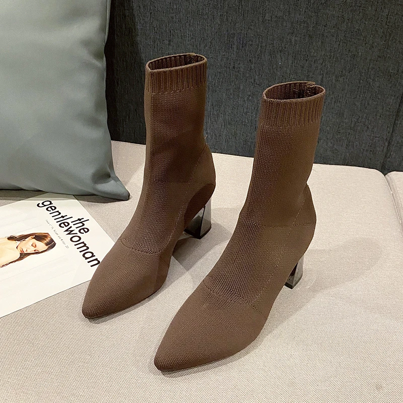 Moda malha elástica apontou grossas botas calcanhar