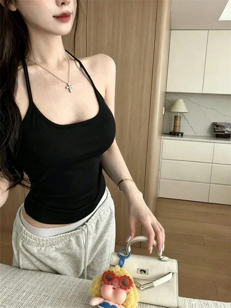 Koreanischer Stil Mehrfarbiges Crop-Top mit Bindeband und integriertem BH-Pad – Sexy, eng anliegendes Tanktop für Damen – Detail 40