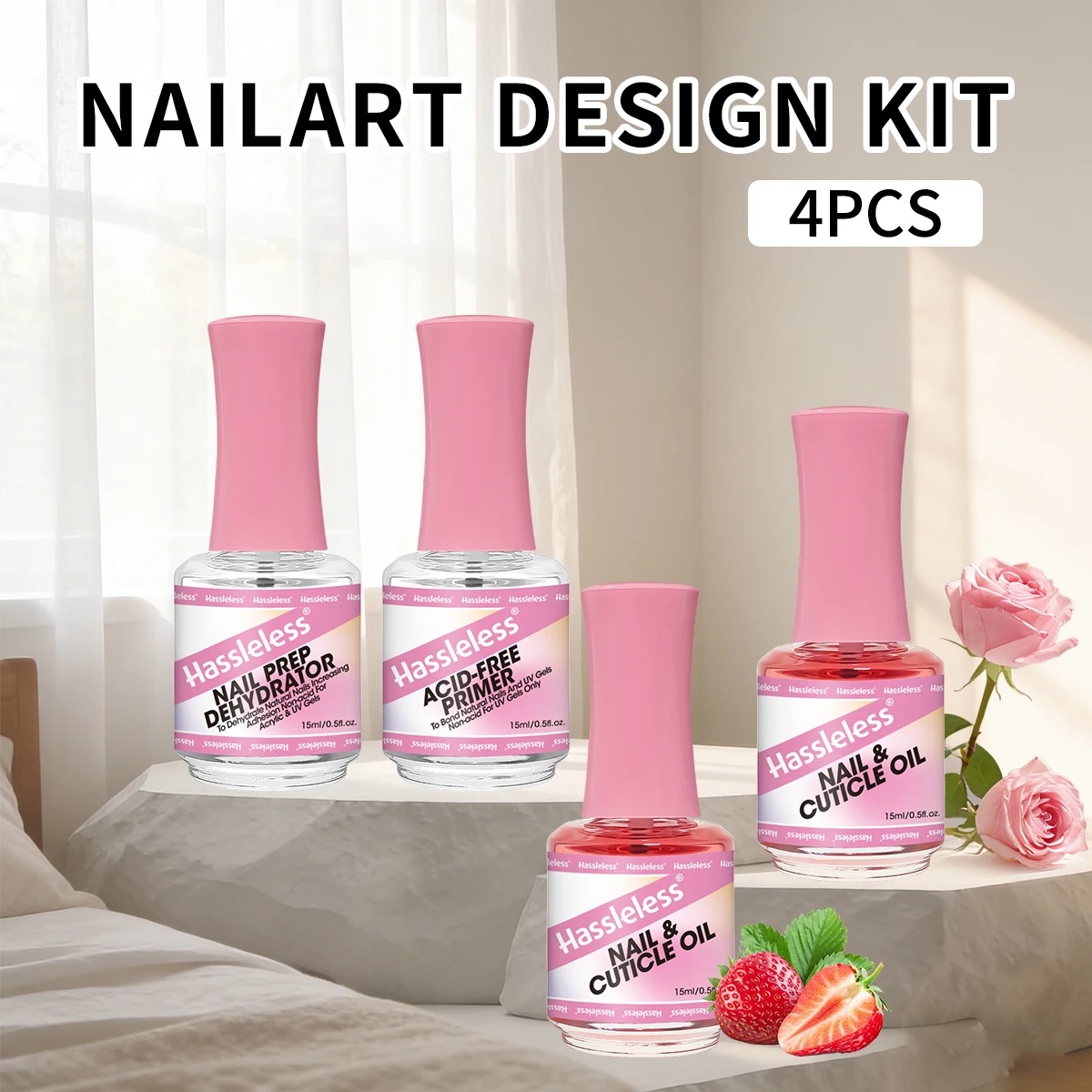 Líquido Equilibrante Sin Complicaciones + Agente Adhesivo + Aceite Nutritivo (Unos de Cada Sabor Rosa y Fresa) Set de 4 Piezas, Deshidratador de Pretratamiento para Uñas - Apto para Uñas Acrílicas y de Gel, Adhesivo Fuerte de Secado Rápido, Fórmula Sin Ácido, 15ml Cada Uno, Accesorios para Uñas, Aceite Nutritivo para Uñas, Hidratación Profunda, Productos para el Cuidado de Uñas, Fortalecimiento de Uñas, Aceite para Cutículas, Envase en Botella de Vidrio