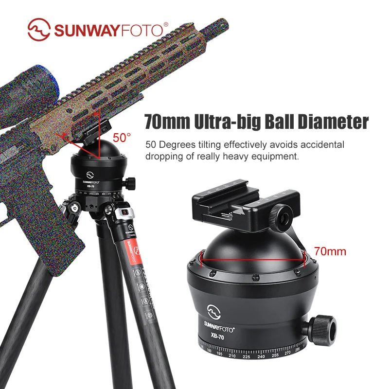 SUNWAYFOTO XB-70 70mm Ballhead for Hunting Tripod,with Picatinny and Arca Swiss Clamp,Load 88lb(40KG)