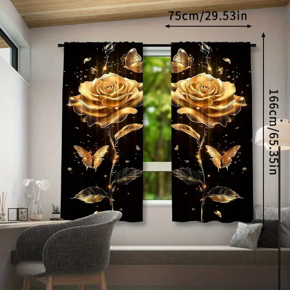 Rose Golden Floral Print Curtain Panels 2pcs Set - Rod Pocket Window Treatments For Bedroom, Living Room & More