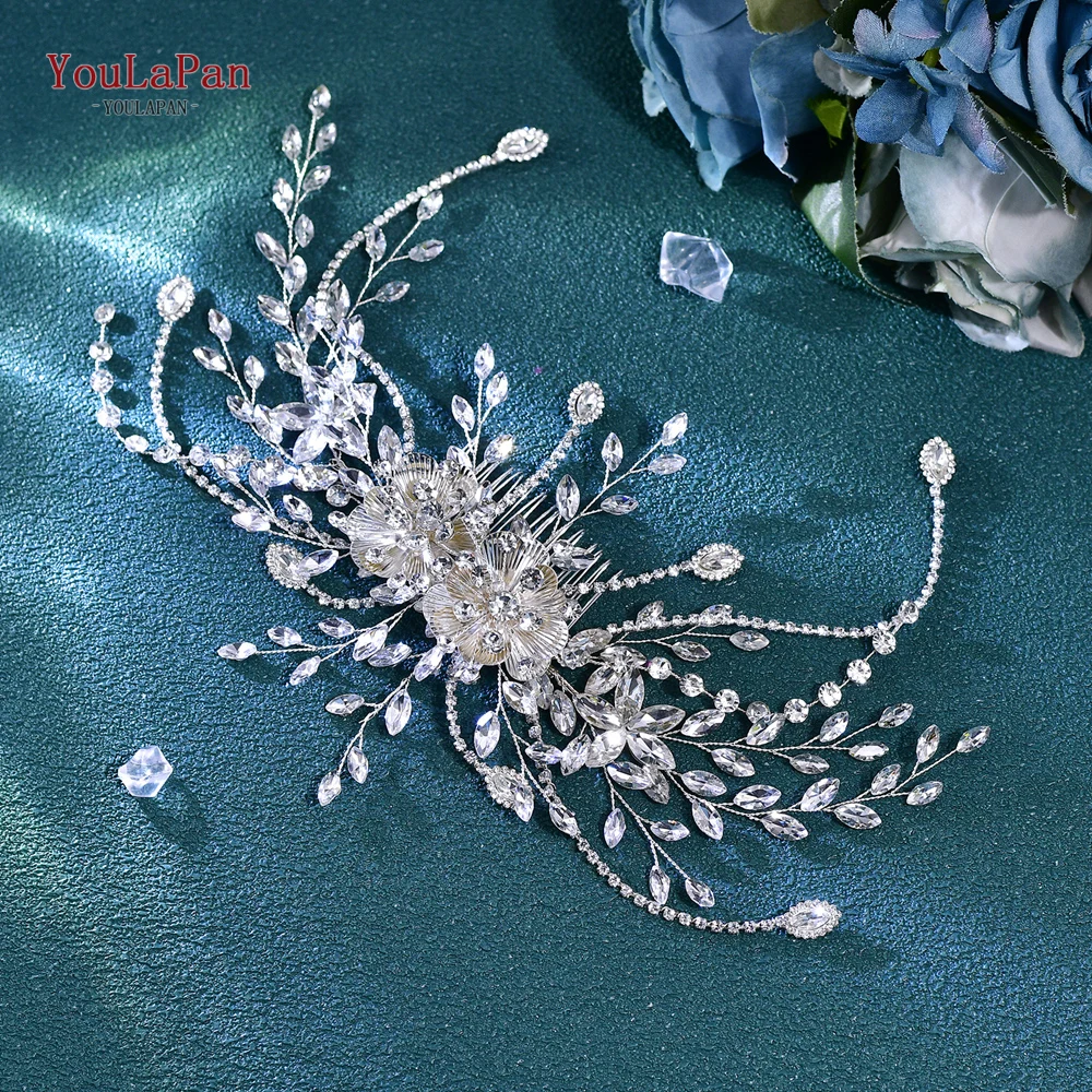 YoulaPan-Rhinestone Flor Pente De Cabelo para A Noiva, Casamento Festa Headwear, Bridal Acessórios, Ornamentos para Damas De Noiva Presente, Cor Prata, HP707