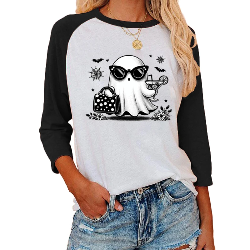 Happy Halloween Print Three Quarter Sleeve T-shirt For Women Raglan Tshirt Casual Crew Neck Blouse Tops Halloween Ghost T-shirts