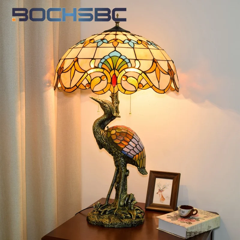 BOCHSBC Tiffany stained glass desk lamp Male crane Baroque Art Deco living room Dining room bar bedroom Bedside gift office lamp