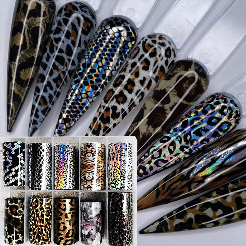 10rolls/box Animal Print Nail Foils Stickers Decal Sliders Transfer Foil Wrap Leopard Nail Art Sticker 4*100cm