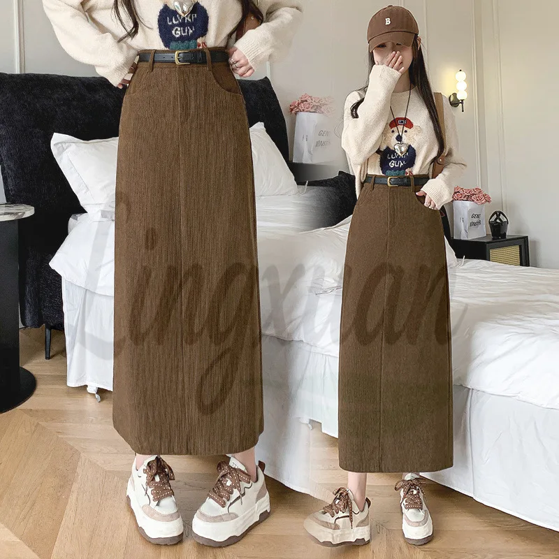 Corduroy Hepburn Style Midi Skirt Women's Autumn Winter Slimming High Waist Straight Cut Skirt Fashionable Commute City Style
