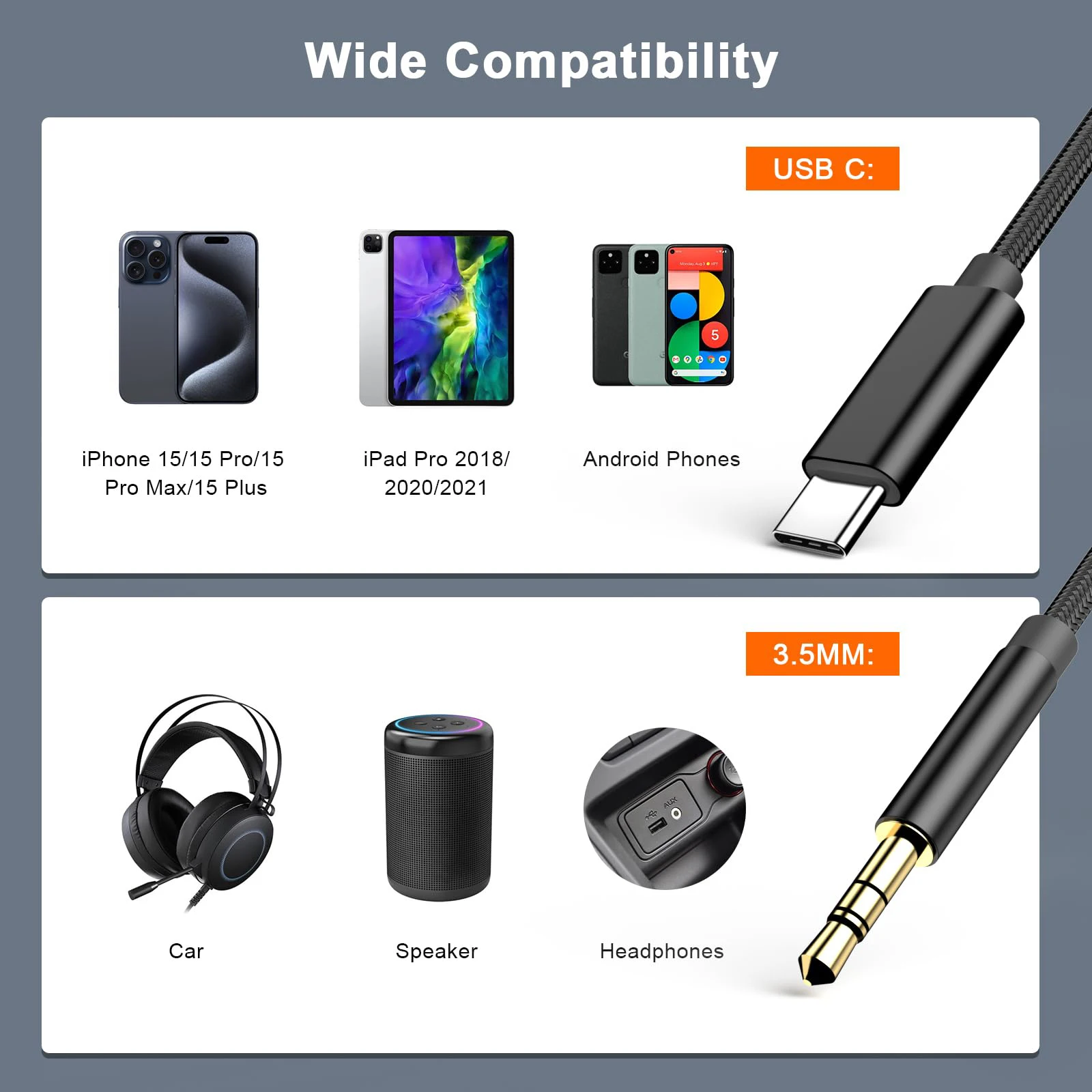 Type C To 3.5mm Car Audio Auxiliary Cable Compatible With IPhone 15 Series Samsung Xiaomi Redmi Type C Converter, Earphone Exten