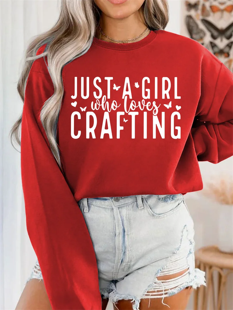 Fashion new autumn and winter women's cotton just a girl who loves crafting letter print loose size vintage round neck hoodie