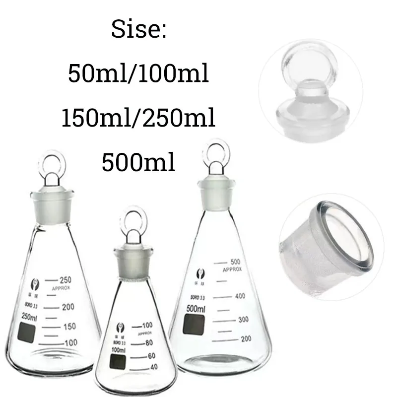 50ml/100ml/150ml/250ml/500ml Glass Erlenmeyer Flask, Conical Lab Bottle with Stopper, Chemistry Experiment Glassware